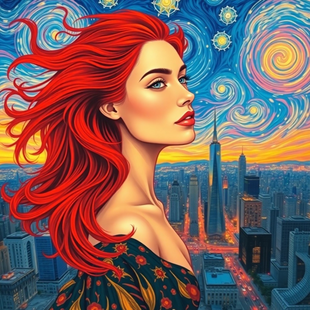 AI generated art for prompt: An enchanting portrait depicting a vivacious female figure with flaming red tresses cascading freely