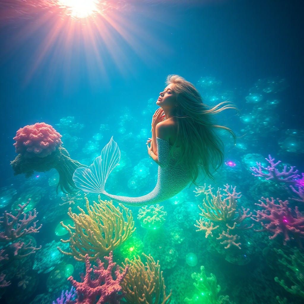 AI generated art for prompt: Envision an enchanting underwater realm reminiscent of surreal dreamscapes. From above, behold a ser