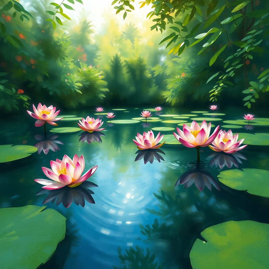 AI generated art for prompt: An impressionistic digital art composition captures the enchanting essence of a tranquil pond nestle