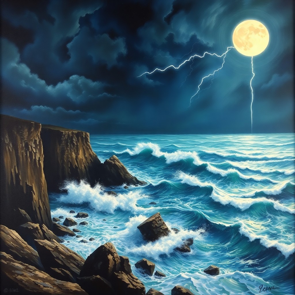 AI generated art for prompt: An awe-inspiring seascape unfolds in this captivating oil painting, reminiscent of the enchanting se