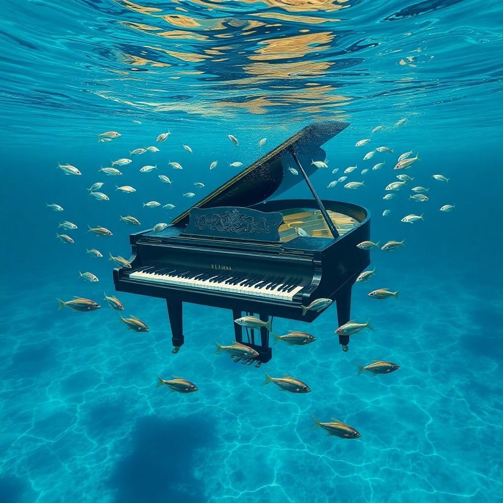 AI generated art for prompt: In the spirit of surrealism, depict an extraordinary scene where a grand piano floats in a boundless