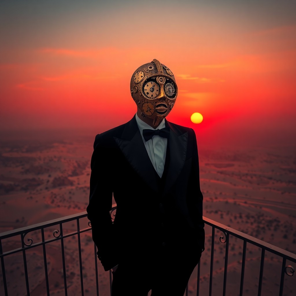 AI generated art for prompt: A surreal portrait captures a solitary figure in a black tuxedo standing on a balcony overlooking an