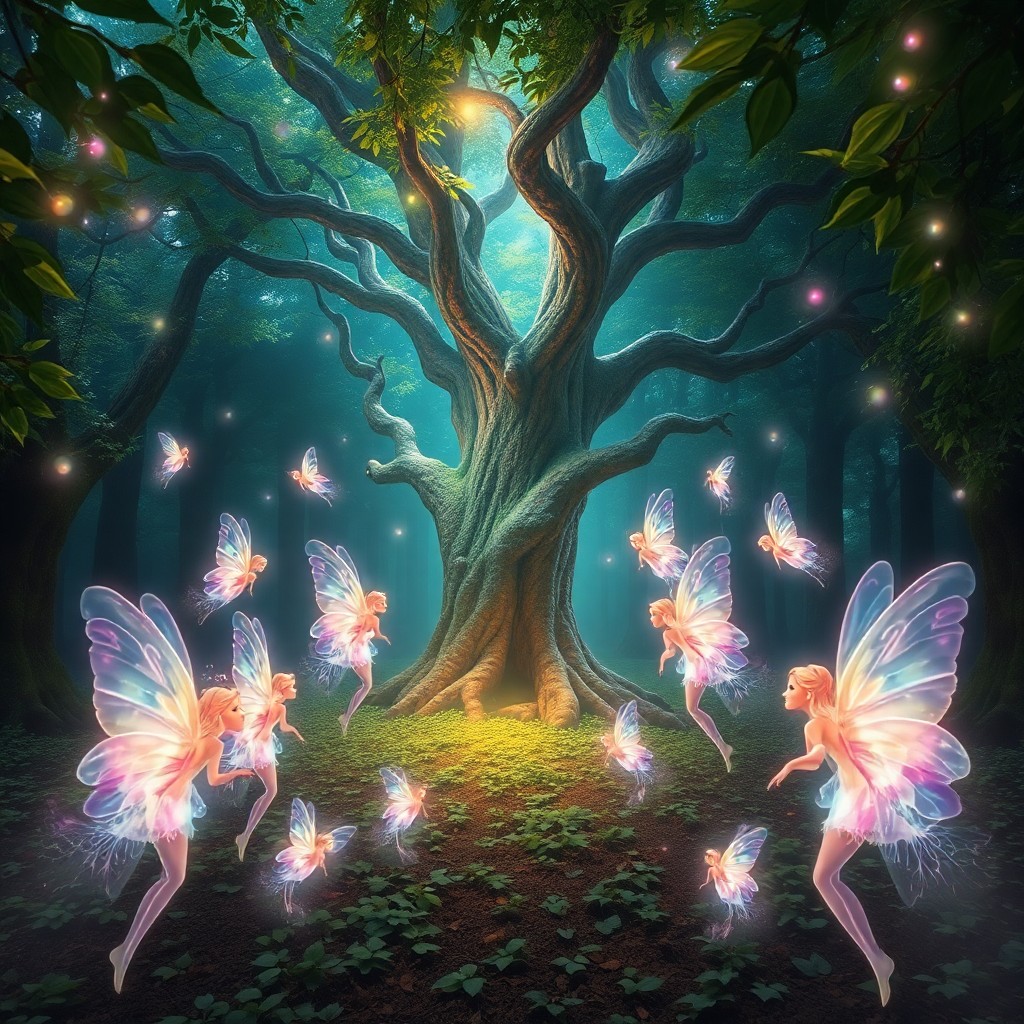 AI generated art for prompt: An enchanting digital art piece captures a mysterious forest clearing where ethereal, translucent fa