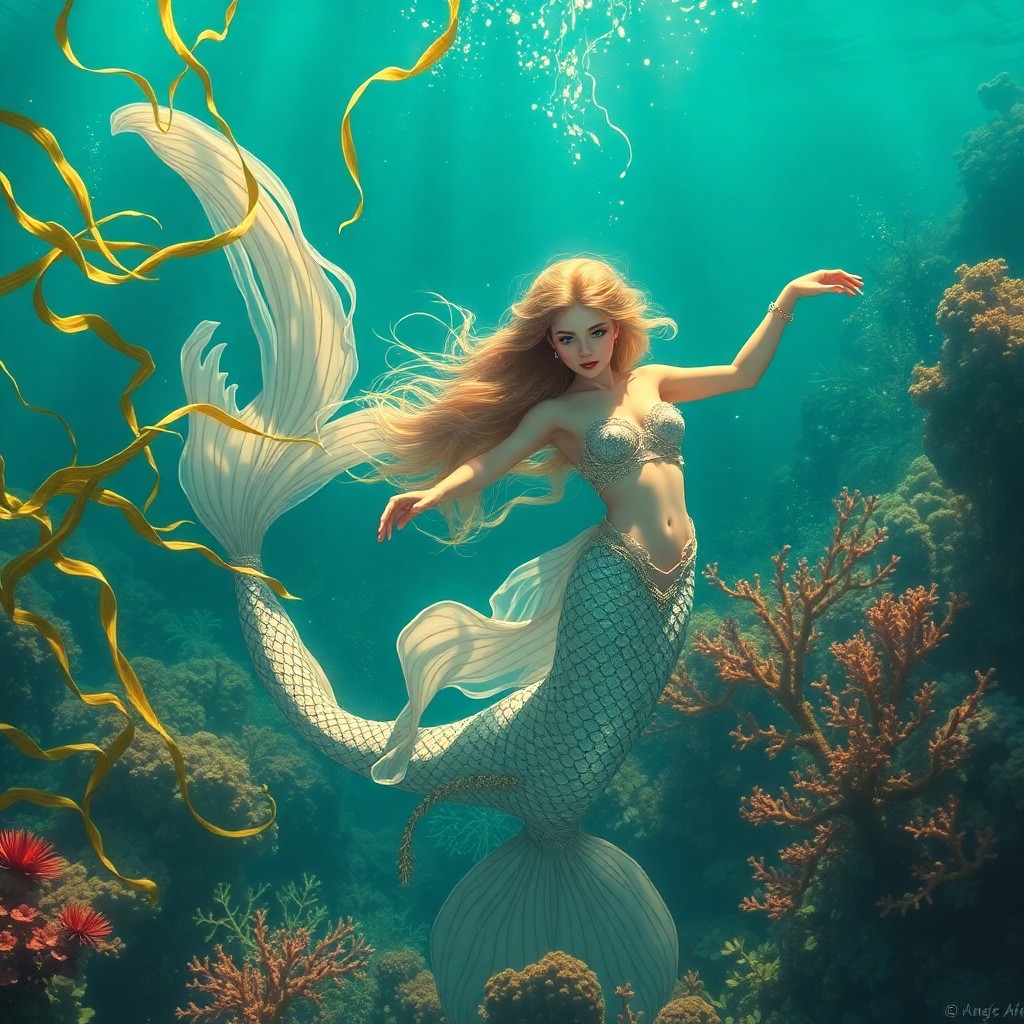AI generated art for prompt: Craft an underwater tableau reminiscent of Art Deco aesthetics, depicting a majestic mermaid gracefu