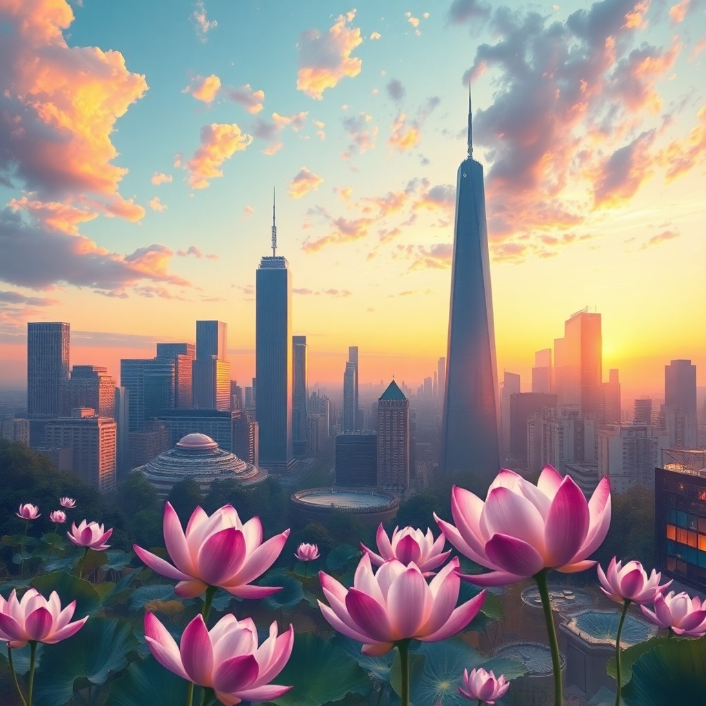 AI generated art for prompt: A surreal cityscape emerges at twilight, viewed from an unconventional vantage point akin to a minia