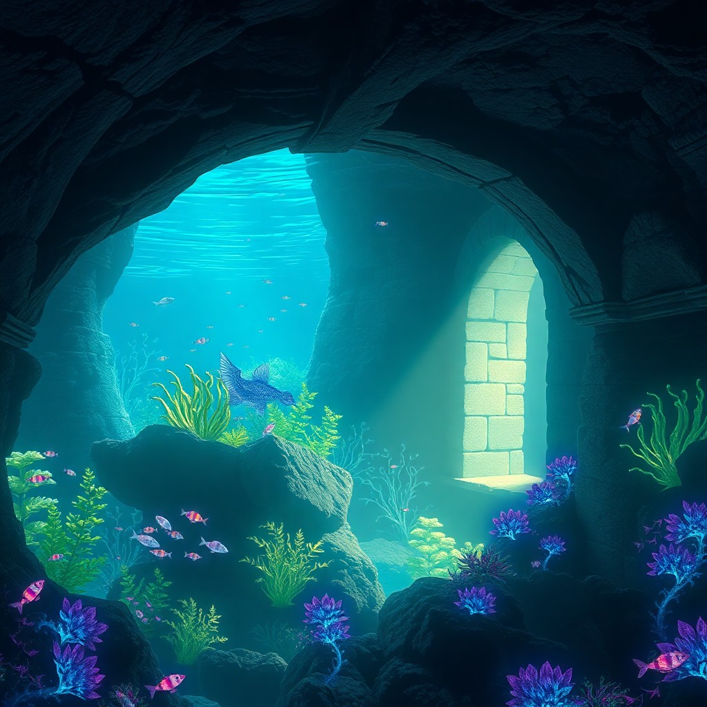 AI generated art for prompt: Visualize an idyllic underwater realm where vibrant bioluminescent flora illuminates ancient ruins, 