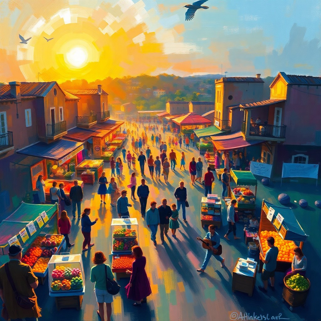 AI generated art for prompt: Create an impressionistic depiction of a lively market scene at dusk, viewed from above as if by a b