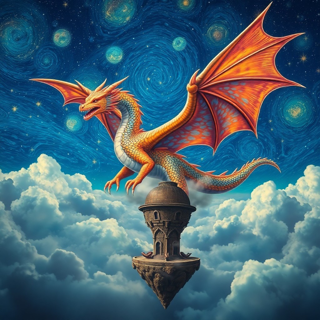 AI generated art for prompt: A surreal landscape showcases a majestic dragon soaring through a dreamlike sky, navigating around a