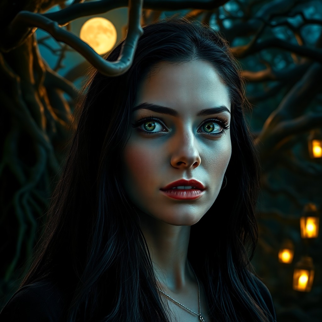 AI generated art for prompt: A captivating close-up portrait captures a woman with striking emerald eyes and long, dark hair unde