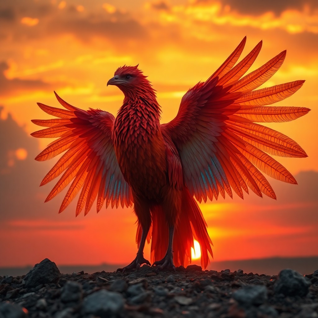 AI generated art for prompt: A regal phoenix emerges from the remnants in an ethereal style reminiscent of Renaissance masterpiec