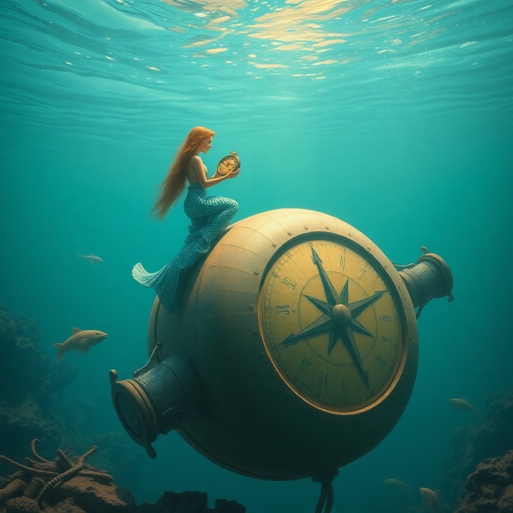 AI generated art for prompt: Create an enchanting underwater tableau reminiscent of Simon Stålenhag's dreamy landscapes, featurin