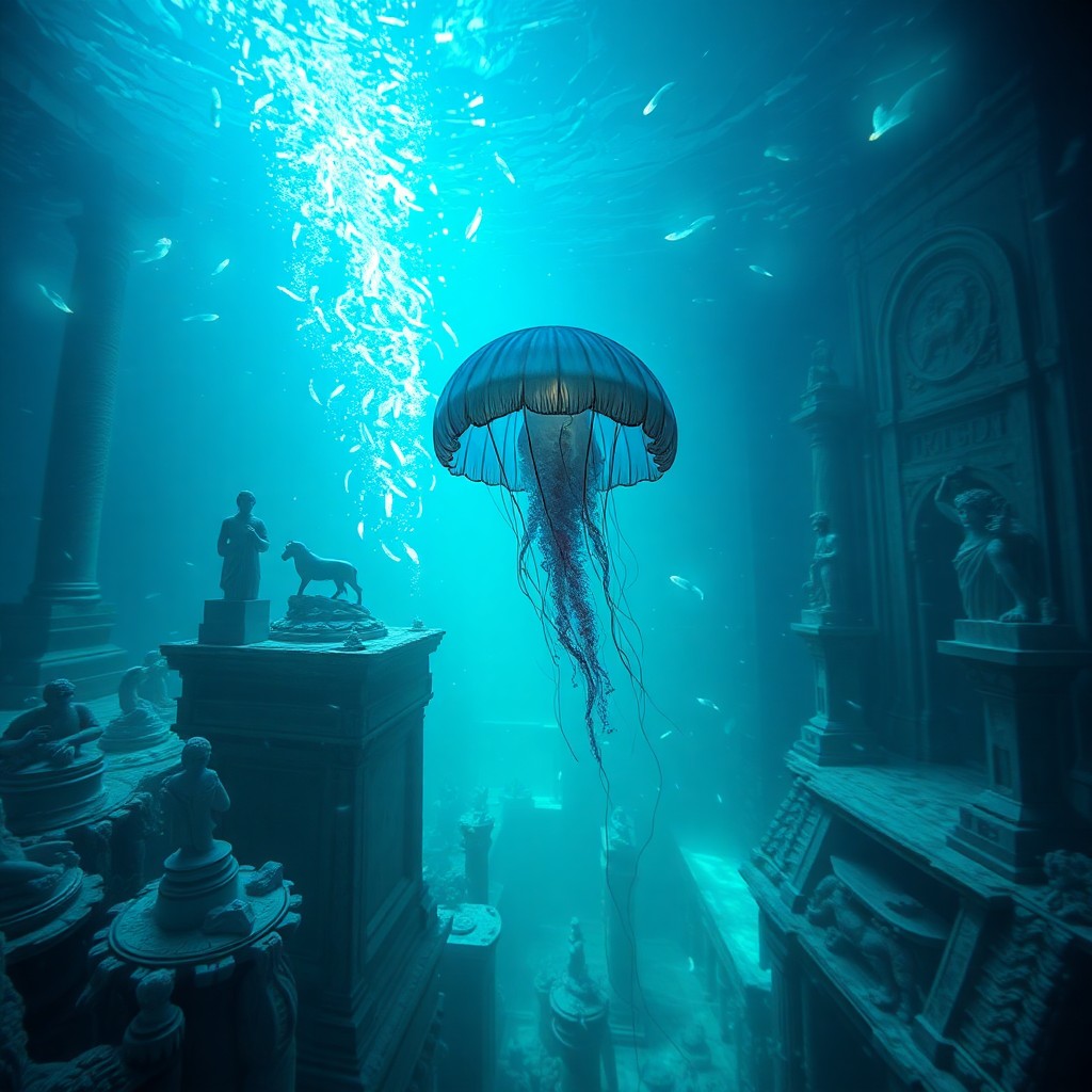 AI generated art for prompt: Create an alluring underwater tableau inspired by the cinematic grandeur of James Cameron's visionar