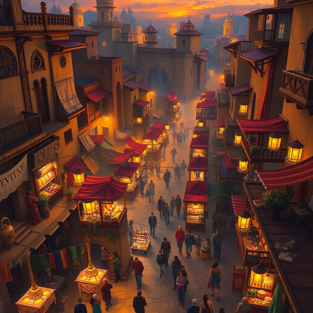 AI generated art for prompt: Picture a vibrant marketplace in an age-old city, illuminated by the warm amber light of dusk as obs