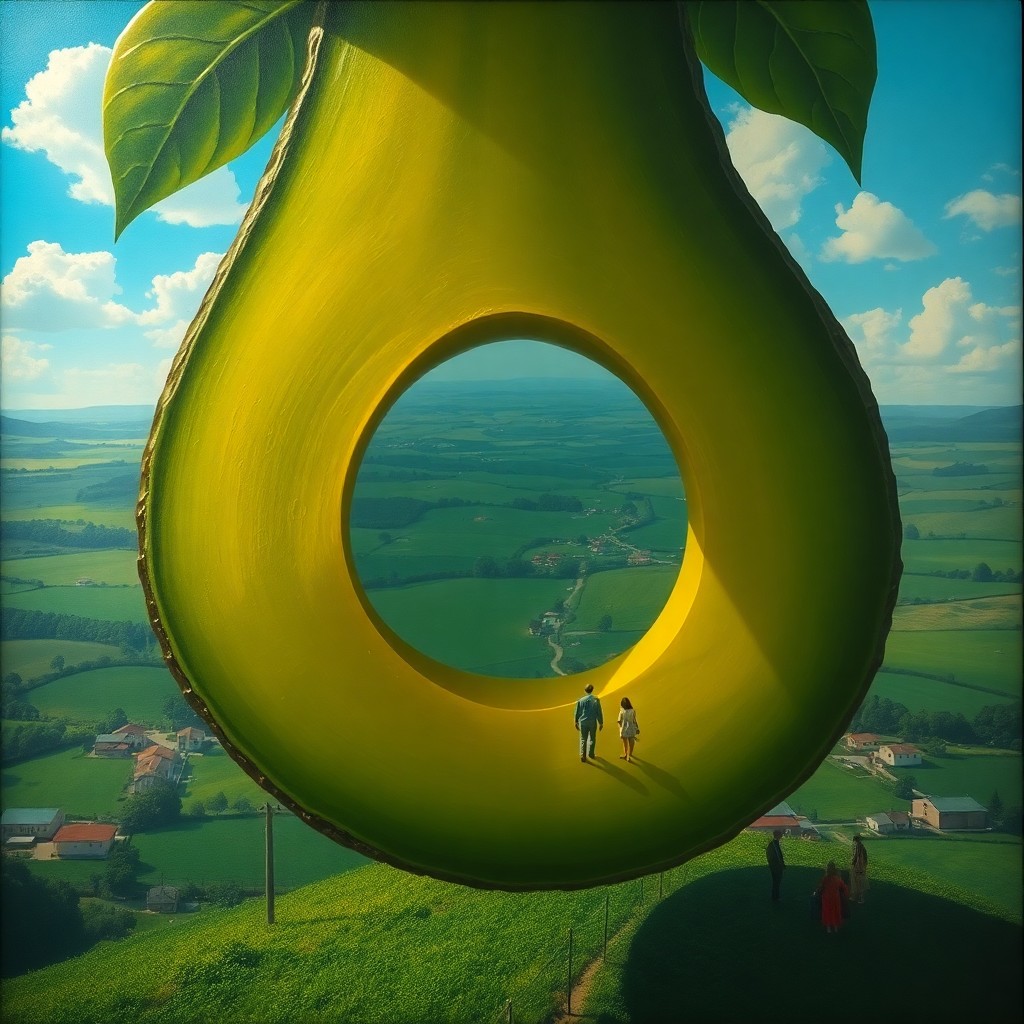 AI generated art for prompt: A surreal dreamlike painting featuring a human-sized avocado floating above a verdant landscape from