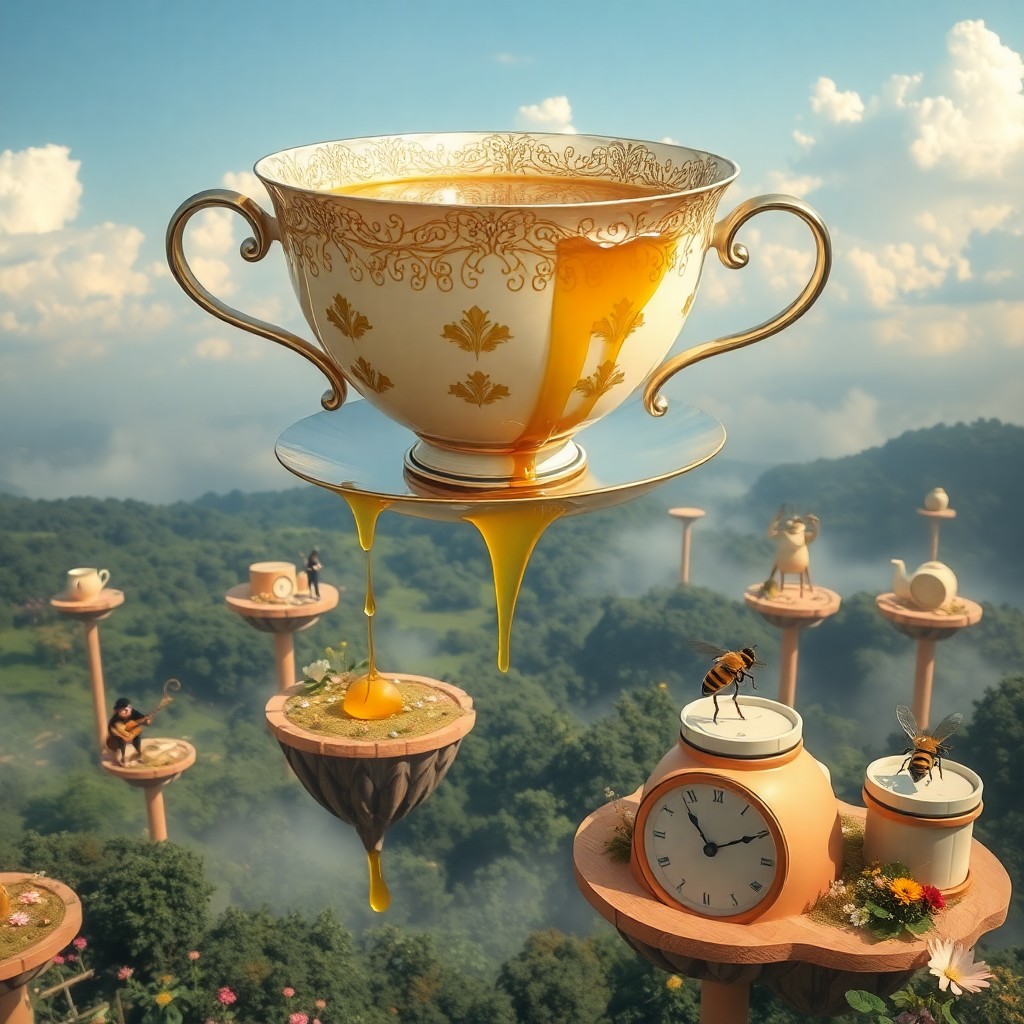 AI generated art for prompt: In the whimsical realm of surreal dreamscape, an oversized teacup floats mid-air, balanced on a sing