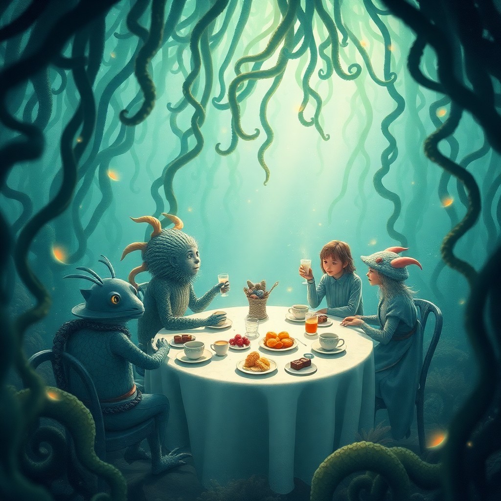 AI generated art for prompt: A captivating digital artwork showcases an otherworldly tea gathering nestled in an aquatic kelp for