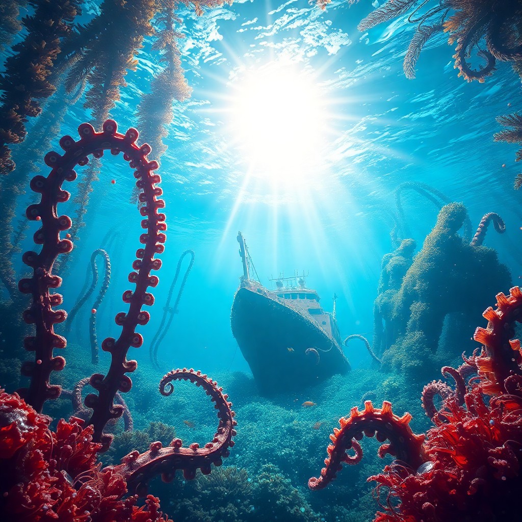 AI generated art for prompt: A captivating digital artwork portraying an underwater landscape from an octopus's viewpoint, showca