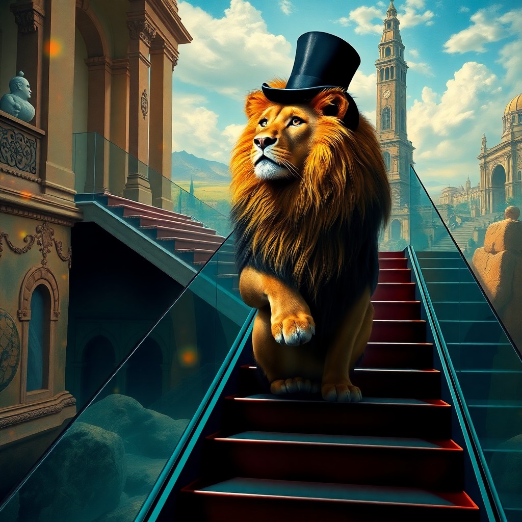 AI generated art for prompt: A whimsical portrait in the style of surrealistic paintings, featuring a majestic lion wearing a top