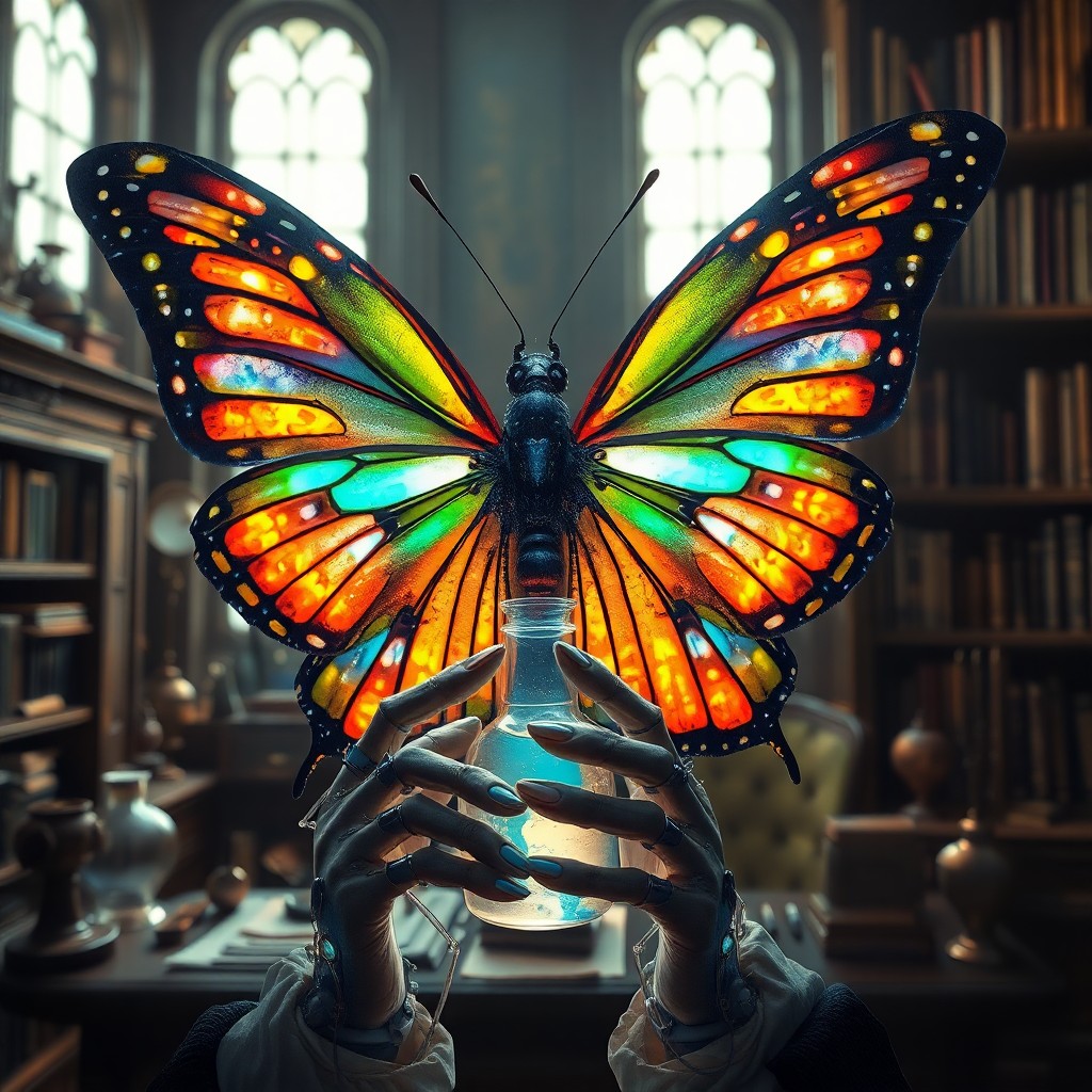 AI generated art for prompt: Envision an ultra-detailed portrait of a cyborg butterfly with wings reflecting myriad colors, remin