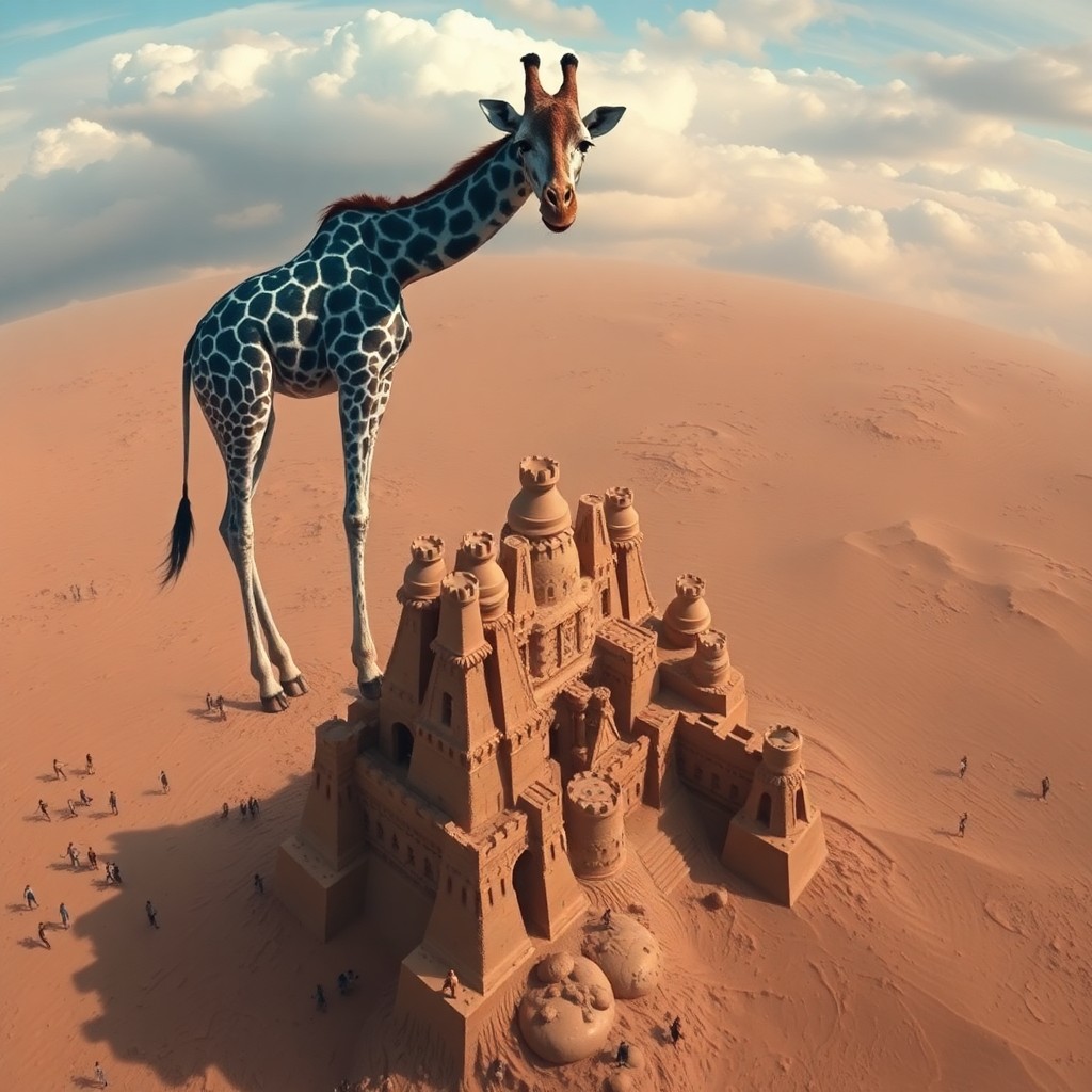 AI generated art for prompt: A surreal dream landscape captures a fantastical moment where an azure-furred giraffe stands atop an