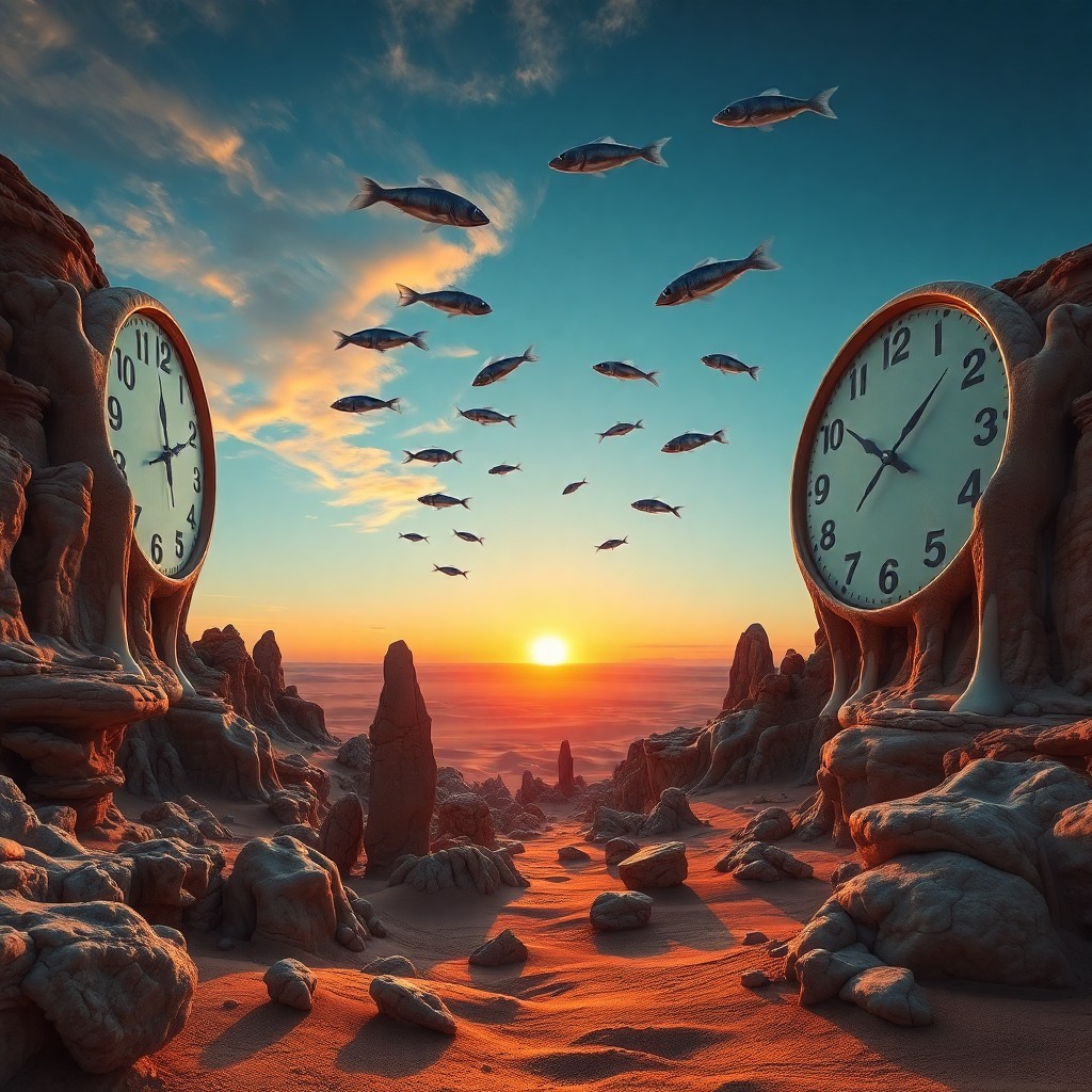 AI generated art for prompt: An image showcasing an awe-inspiring surrealist desert landscape at dusk, with the sun setting betwe