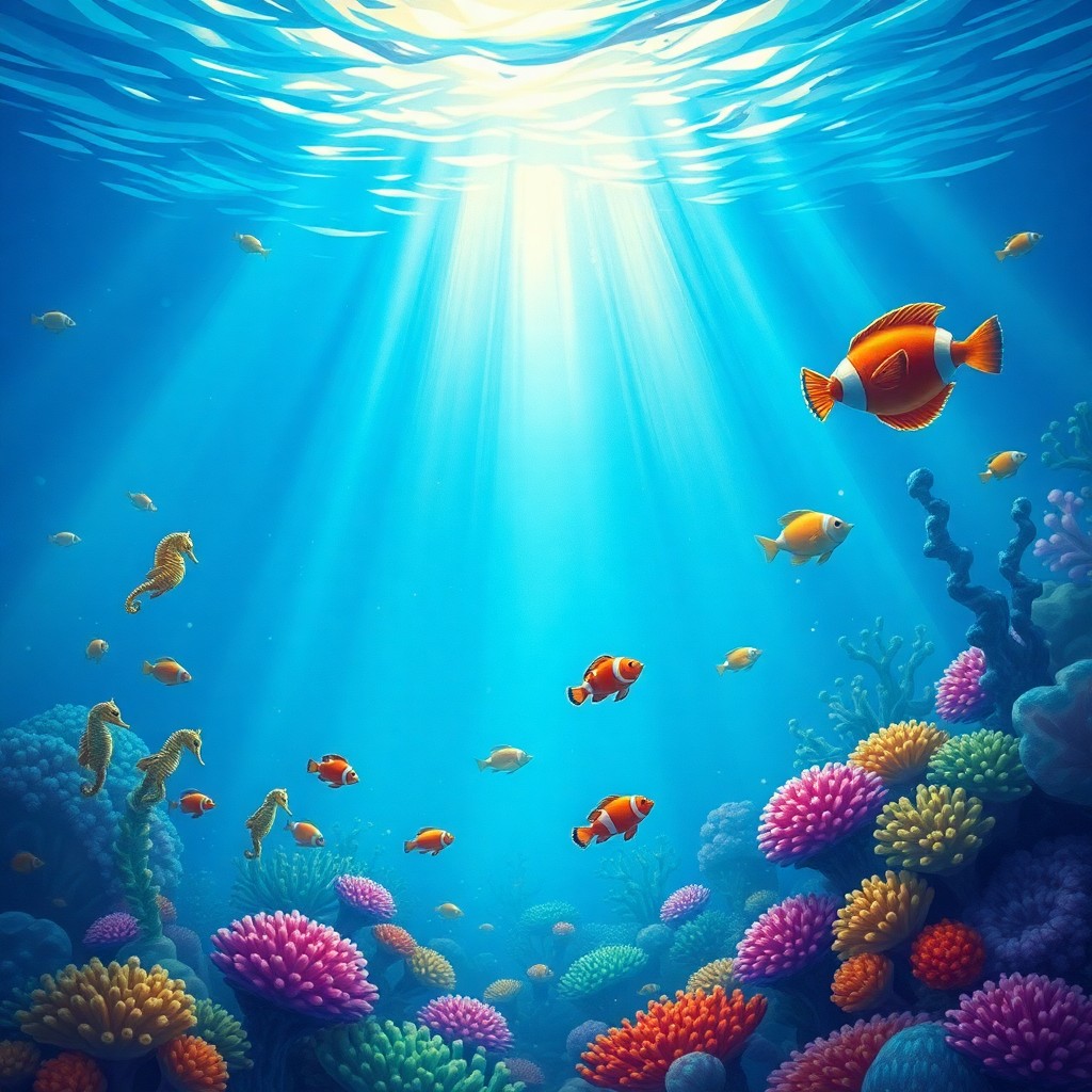 AI generated art for prompt: Craft an underwater scene reminiscent of vintage Disney animation cel paintings, where crystal-clear