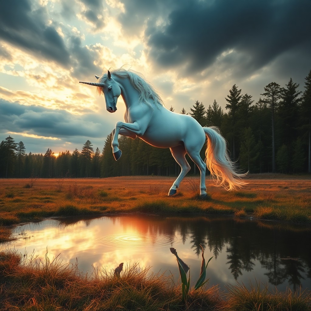 AI generated art for prompt: Picture an enchanting scene where a majestic unicorn gracefully descends from a stormy sky onto a tr