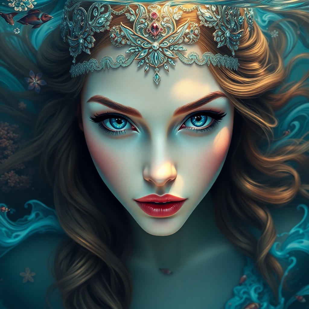 AI generated art for prompt: Envision an alluring digital art portrait of a siren princess adorned with shimmering scales in a ca