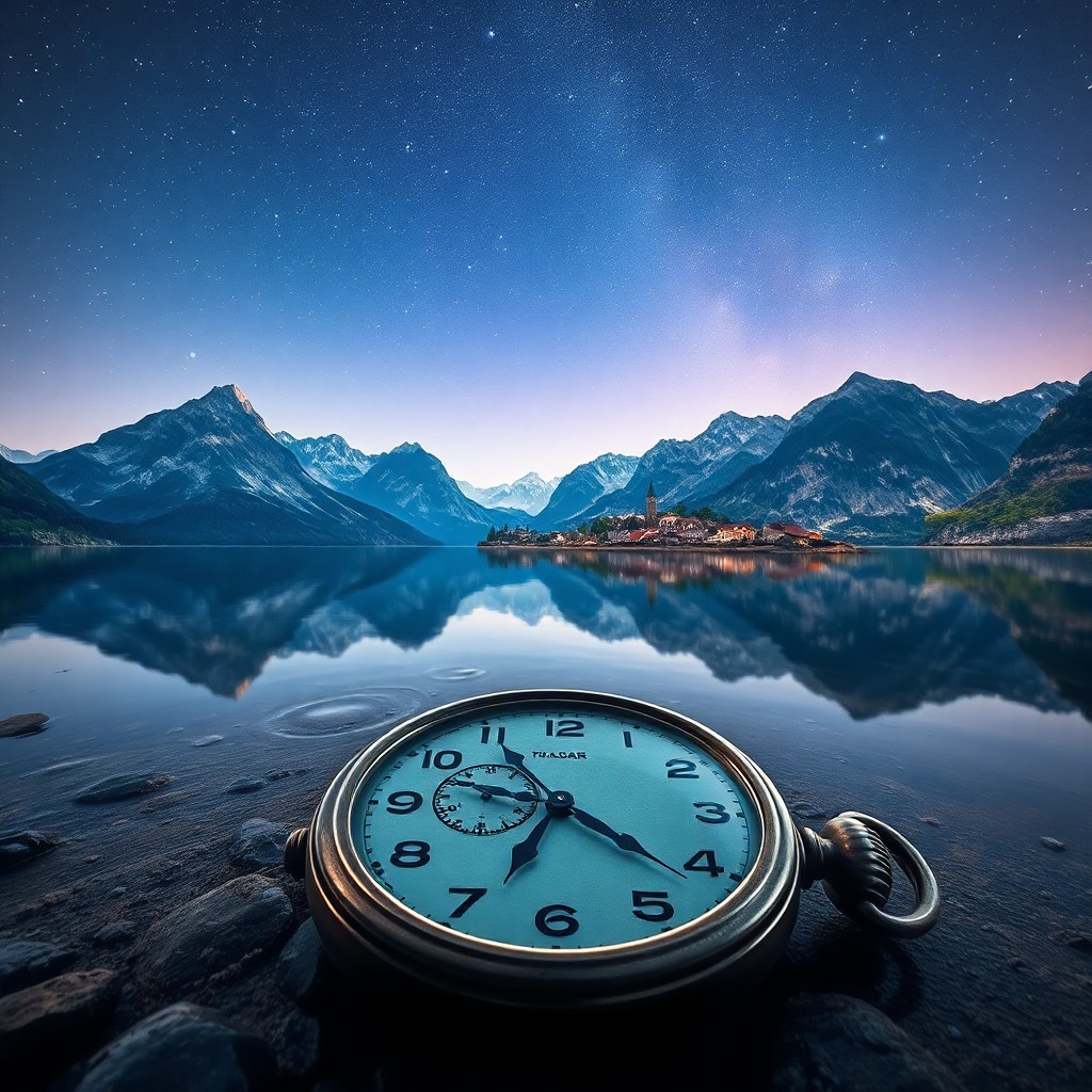 AI generated art for prompt: A surreal digital artwork depicting a serene lake surrounded by towering mountains under a starry ni