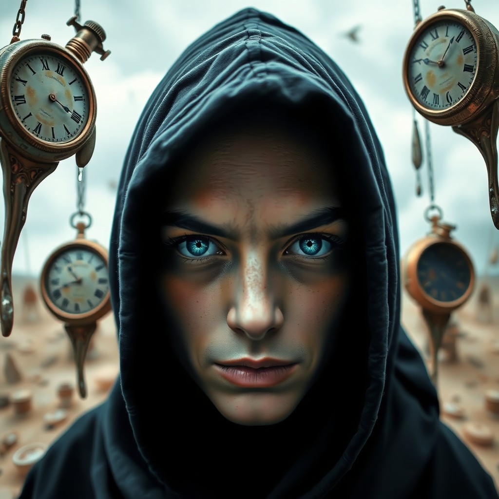 AI generated art for prompt: A portrait of an enigmatic hooded figure with piercing blue eyes is rendered in a surreal style that