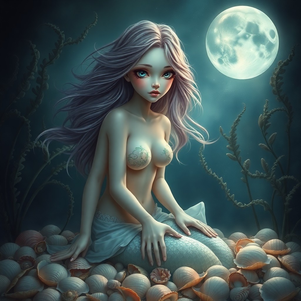 AI generated art for prompt: An enchanting portrait in the style of mystical realism, depicting a whimsical mermaid with an ether