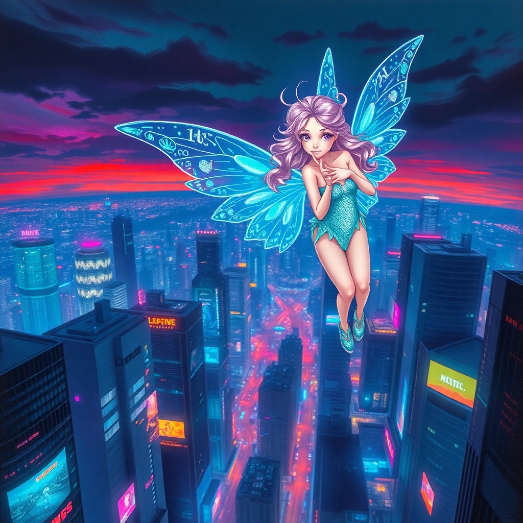 AI generated art for prompt: A captivating fairy with glistening wings floats elegantly above a vibrant cyberpunk city at twiligh