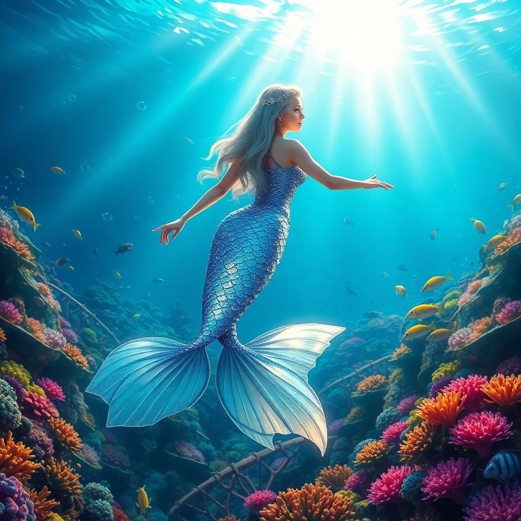 AI generated art for prompt: A mesmerizing digital artwork depicts an enchanting underwater realm where a regal mermaid with glis