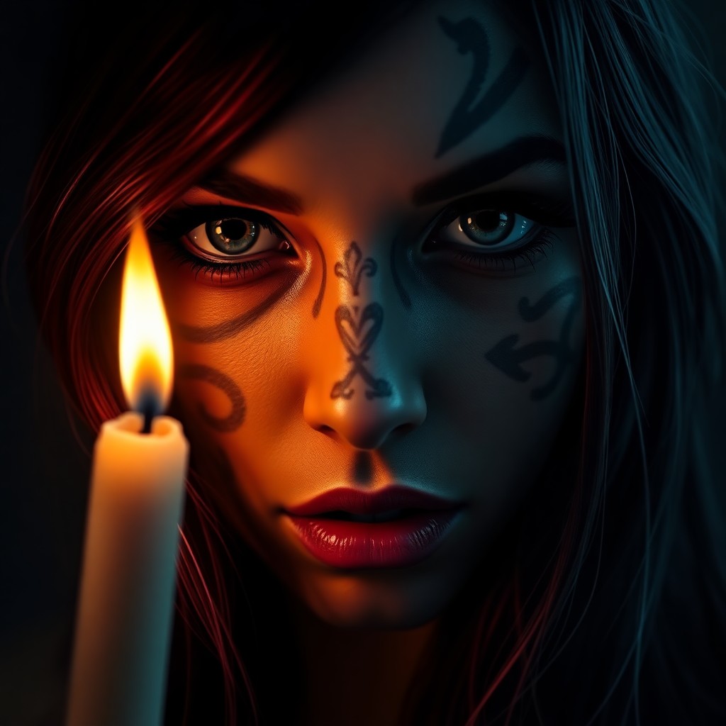 AI generated art for prompt: A striking digital art portrait captures an enigmatic woman with an elaborate tattoo enveloping her 