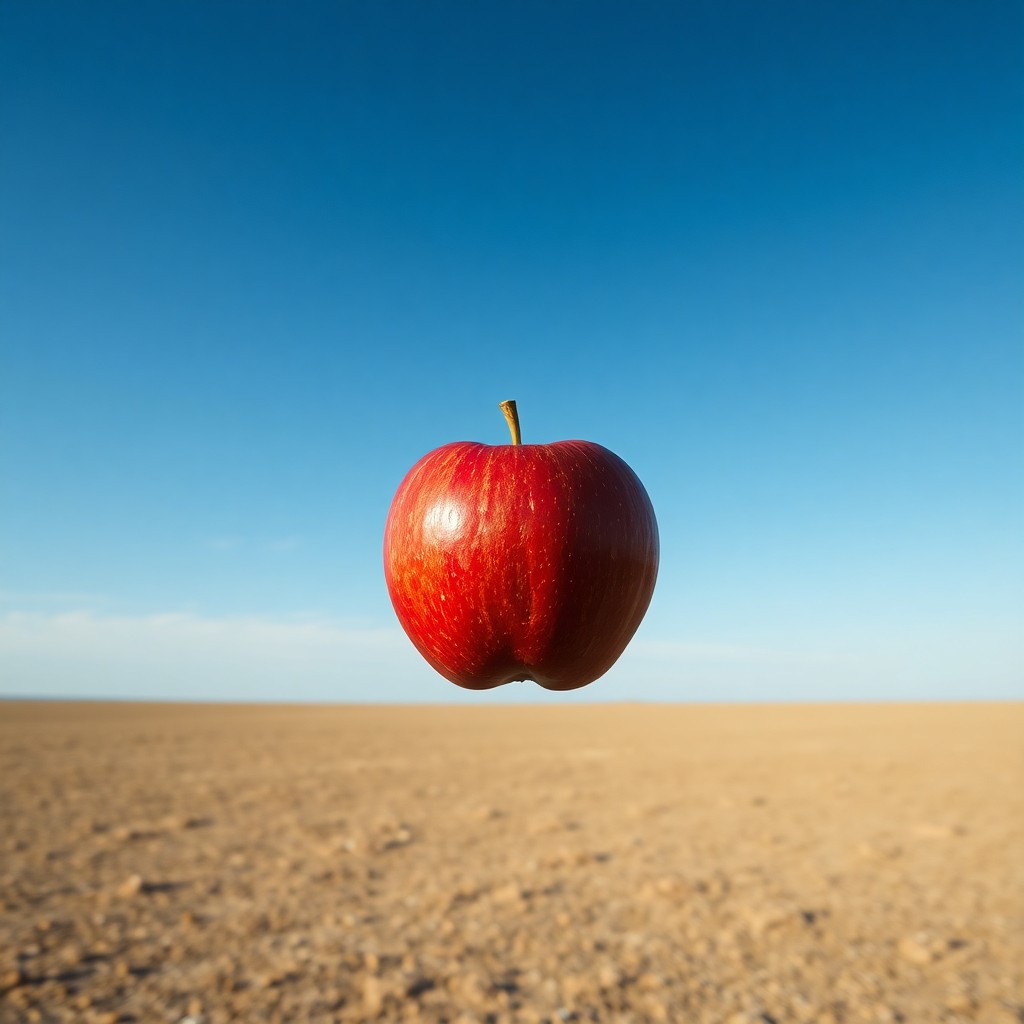 AI generated art for prompt: A digital artwork depicting an enigmatic apple suspended in mid-air against a vast, deep blue sky, r