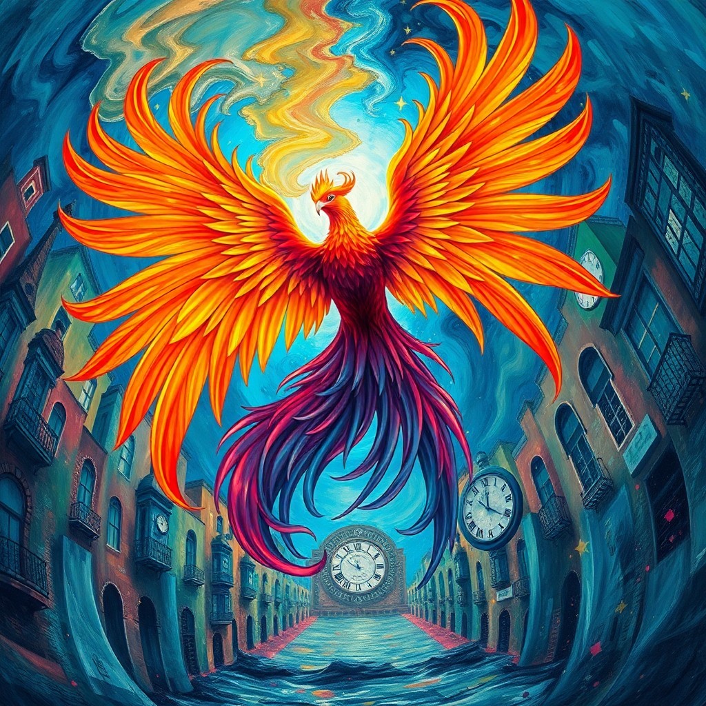 AI generated art for prompt: Imagine an enchanting dreamscape where a regal phoenix, characterized by vivid hues and fluid stroke