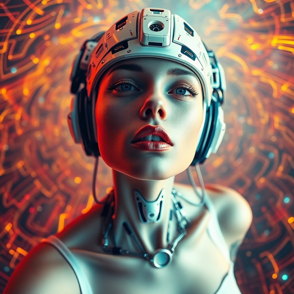 AI generated art for prompt: A surreal portrait from an ethereal viewpoint, depicting a female cyborg with an enigmatic expressio