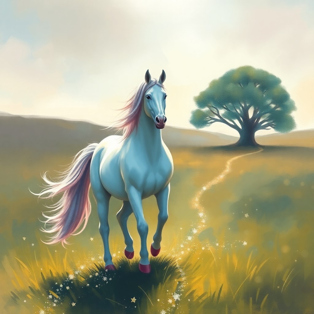 AI generated art for prompt: Imagine an enchanting impressionistic scene where a regal unicorn gracefully traverses a sunlit mead