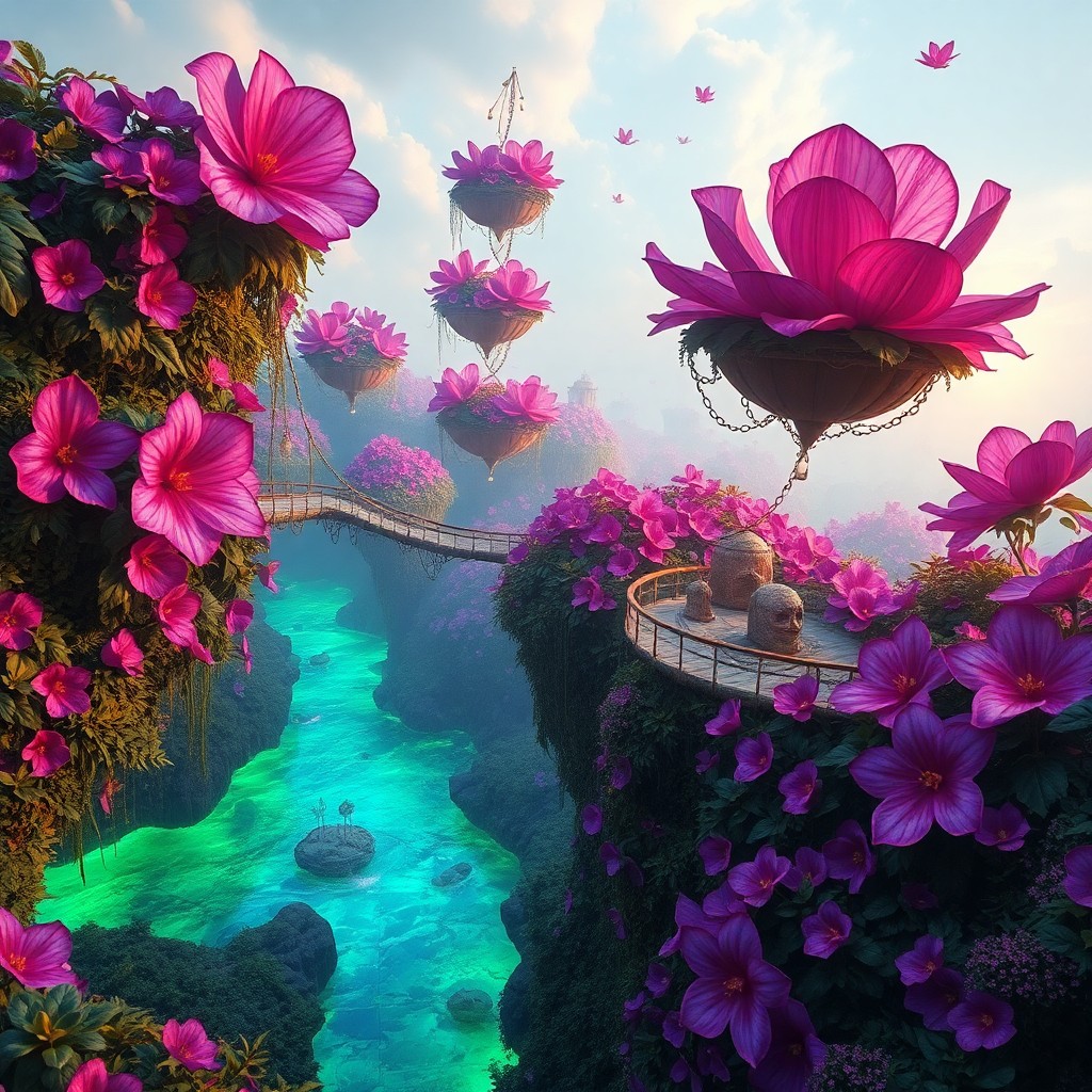 AI generated art for prompt: A surreal dreamscape featuring a lush garden with oversized, vibrant flowers in shades of purple and