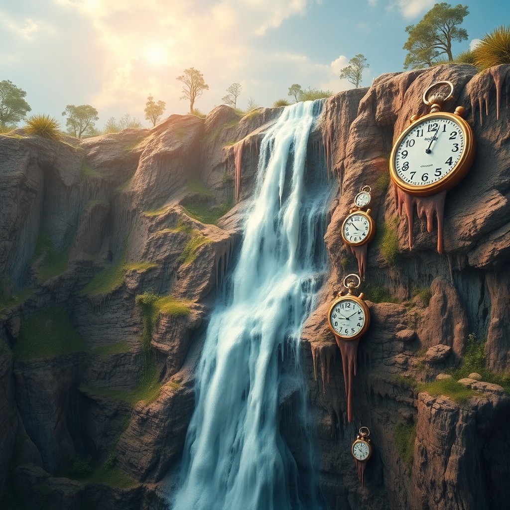 AI generated art for prompt: A surreal landscape depicting a waterfall cascading down a cliff face adorned with melting timepiece