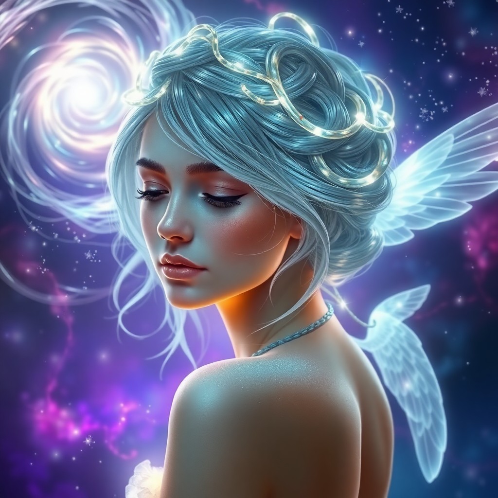 AI generated art for prompt: A mesmerizing digital portrait showcases a young woman with shimmering silver hair, bathed in the so