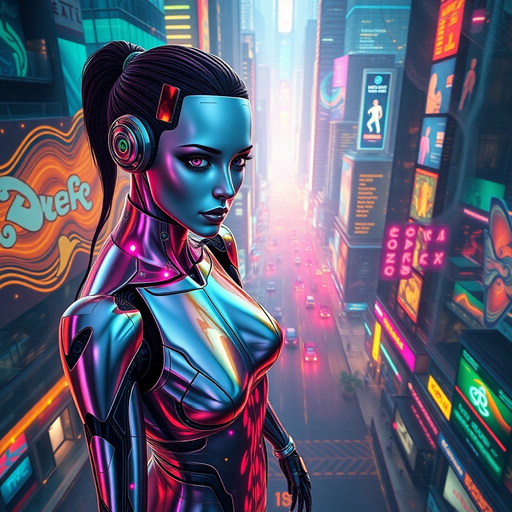 AI generated art for prompt: A captivating digital art composition portrays a modern female android in an urban landscape reminis