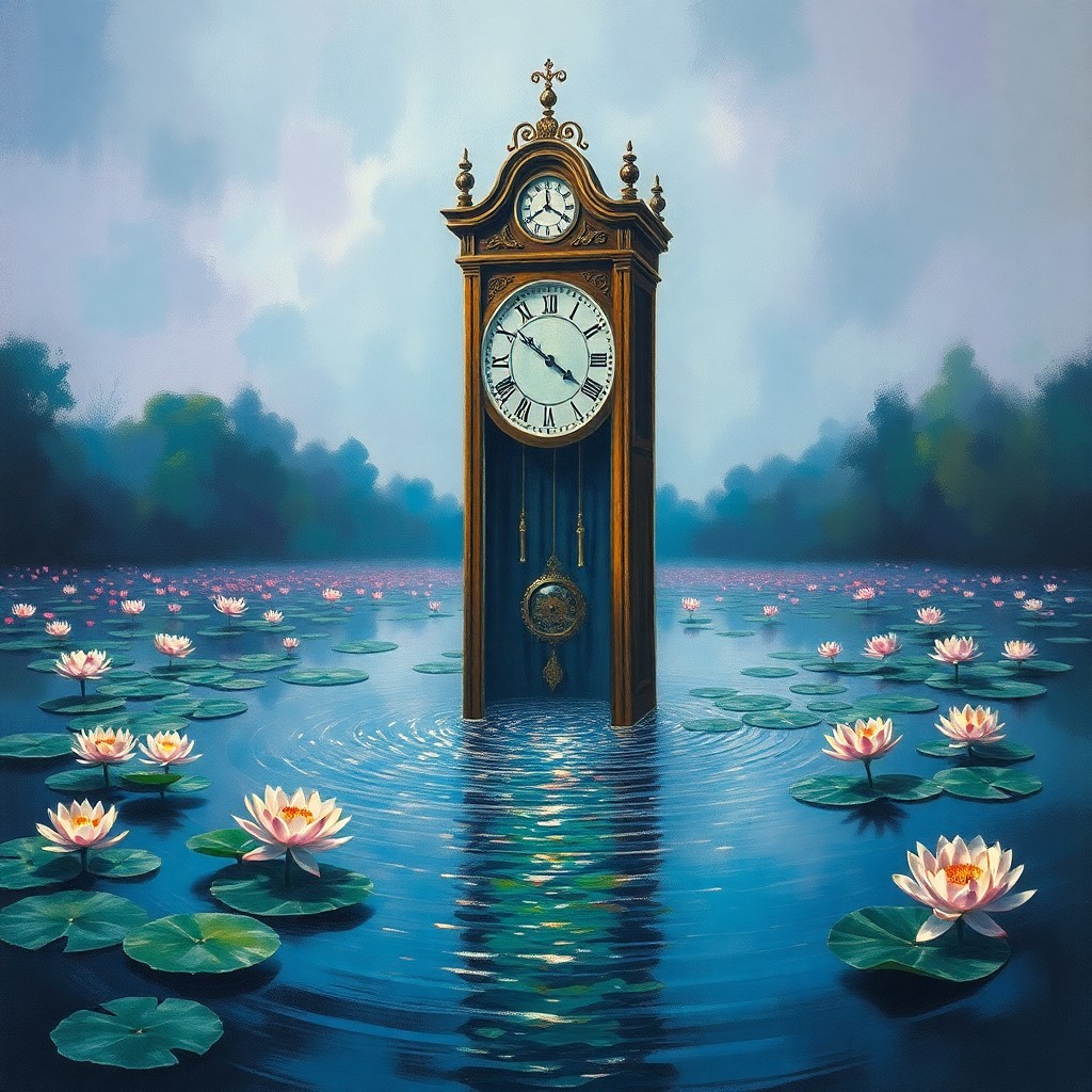 AI generated art for prompt: A surreal landscape merges the whimsical melting clock with the serene water lilies garden, creating