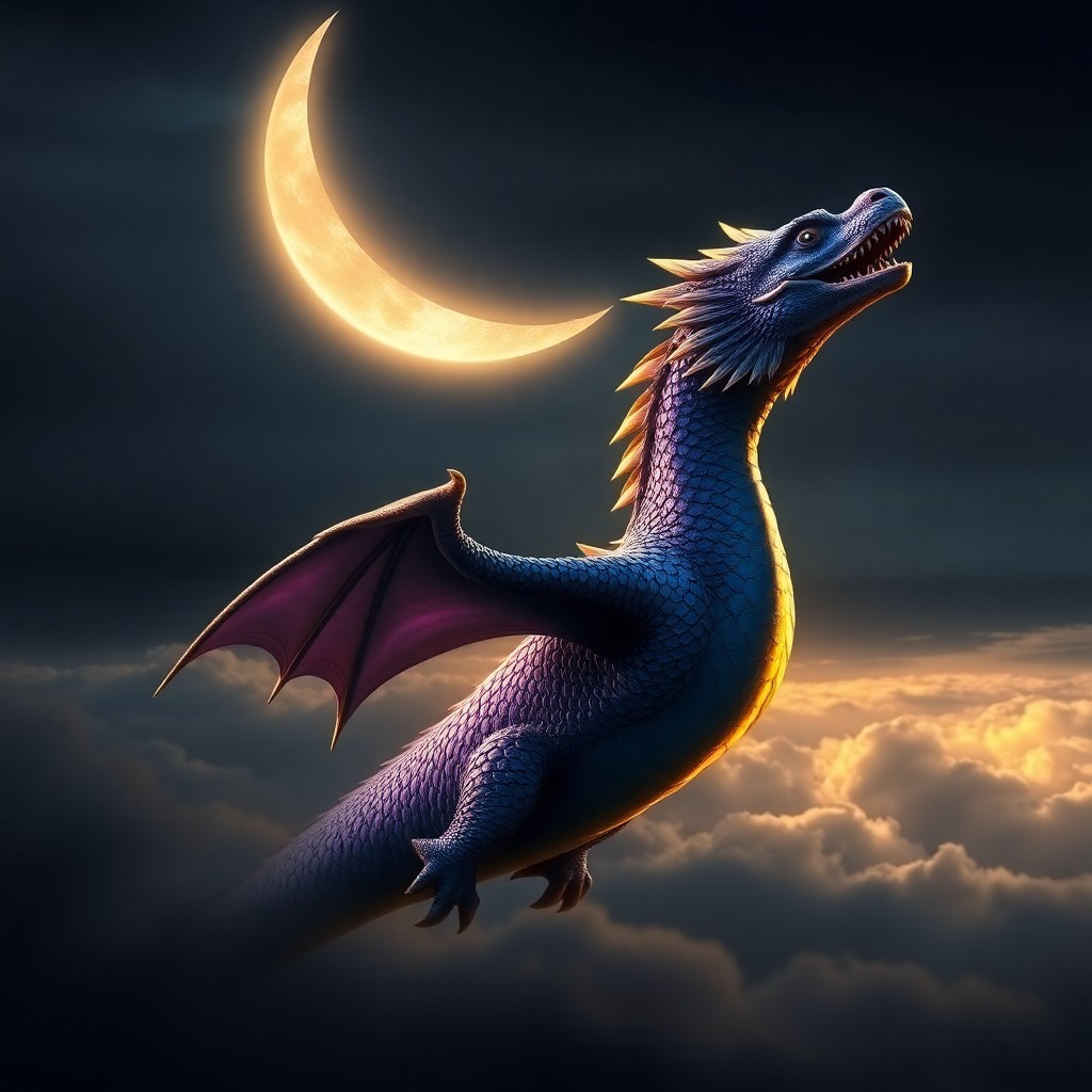 AI generated art for prompt: A mesmerizing digital art composition depicts a regal dragon gliding through an ominous sky, bathed 