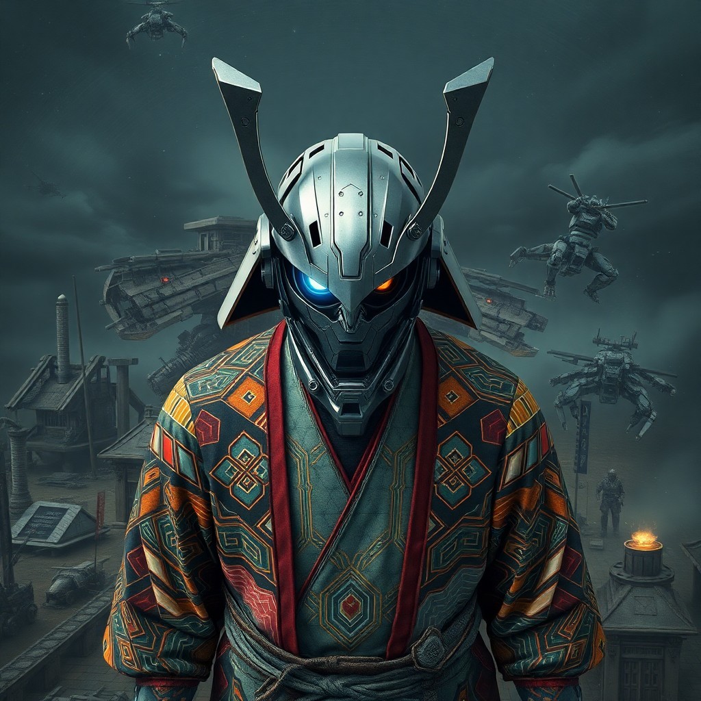 AI generated art for prompt: A surreal digital art composition showcases a cyborg samurai wearing intricate robes featuring vibra