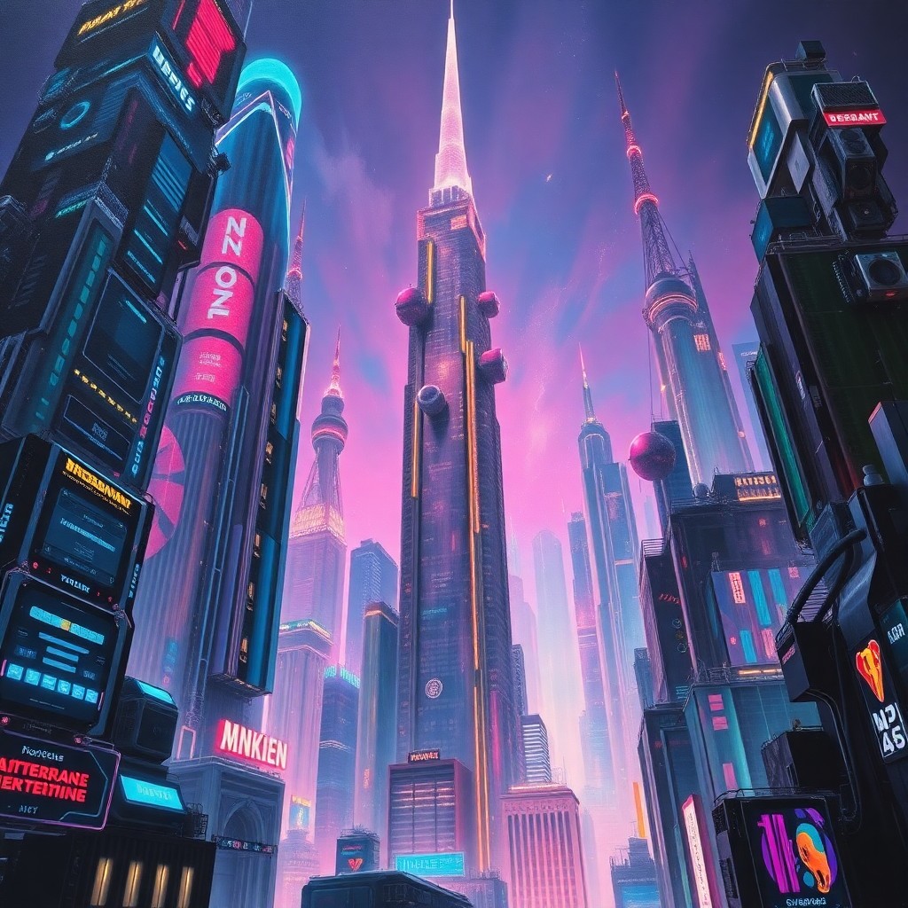 AI generated art for prompt: A surreal oil painting depicts a futuristic cyberpunk cityscape from a low aerial perspective, showc