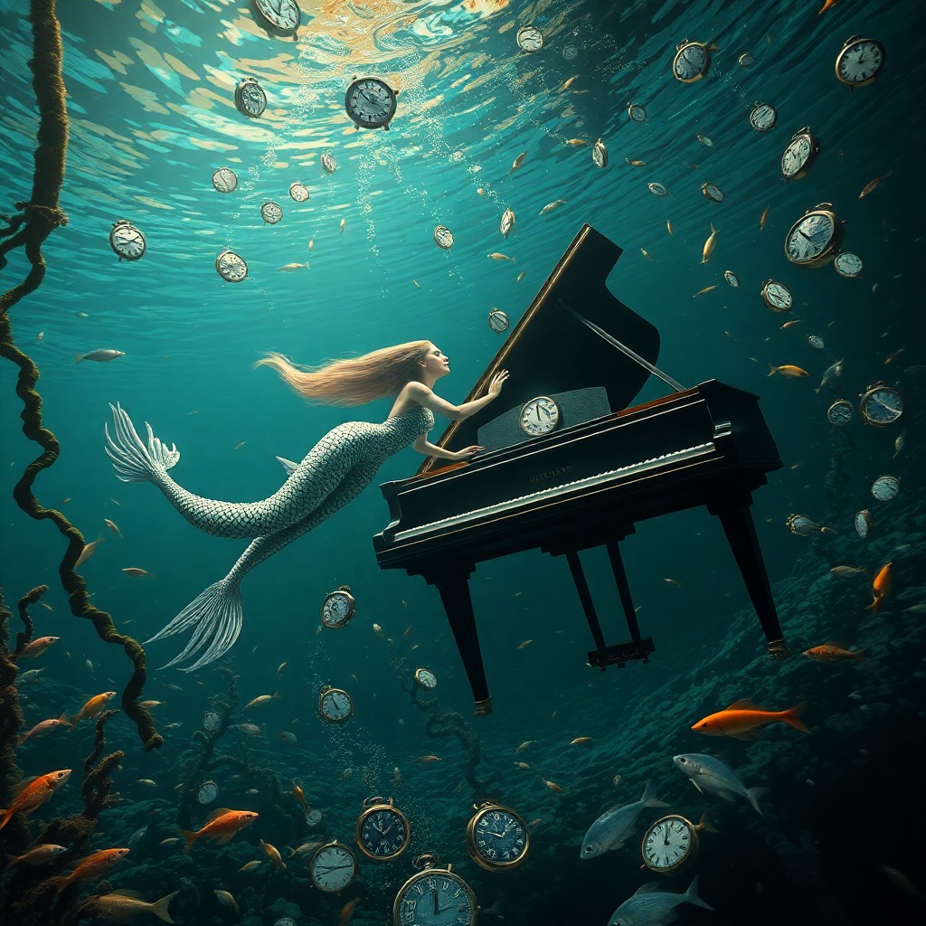 AI generated art for prompt: Imagine an underwater dreamscape reminiscent of Salvador Dali's surrealism, depicting a mystical mer