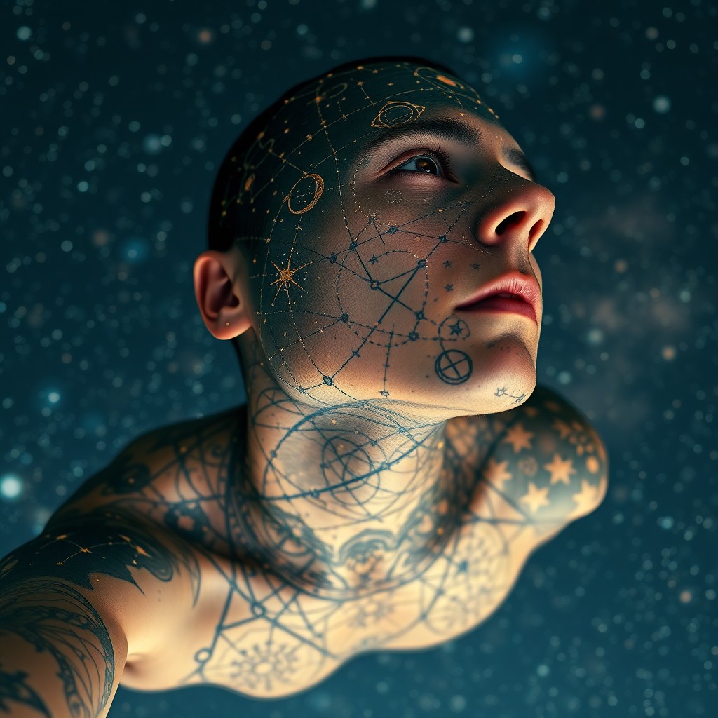 AI generated art for prompt: A surreal digital art portrait captures a person adorned with intricate celestial tattoos that cover