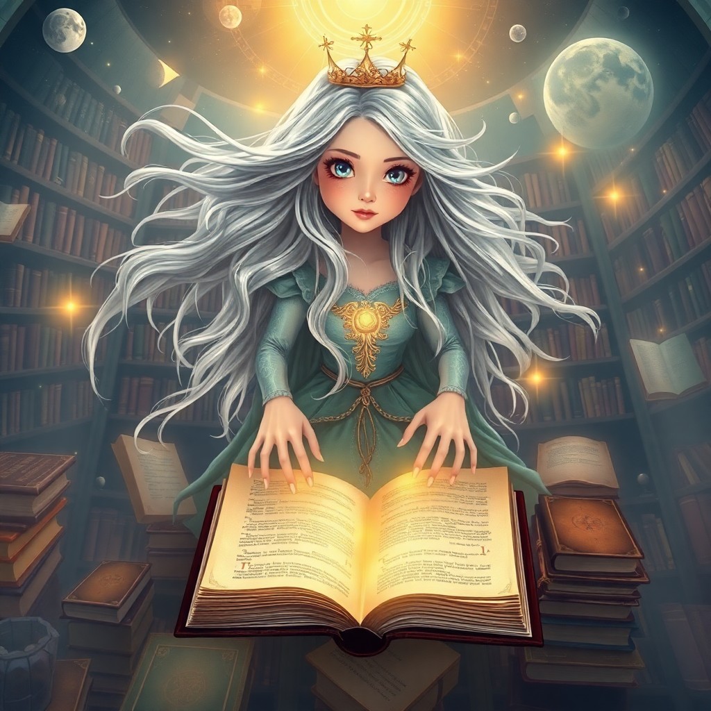 AI generated art for prompt: A whimsical digital art portrait depicts a fairy tale queen with flowing silver hair, bathed in shim