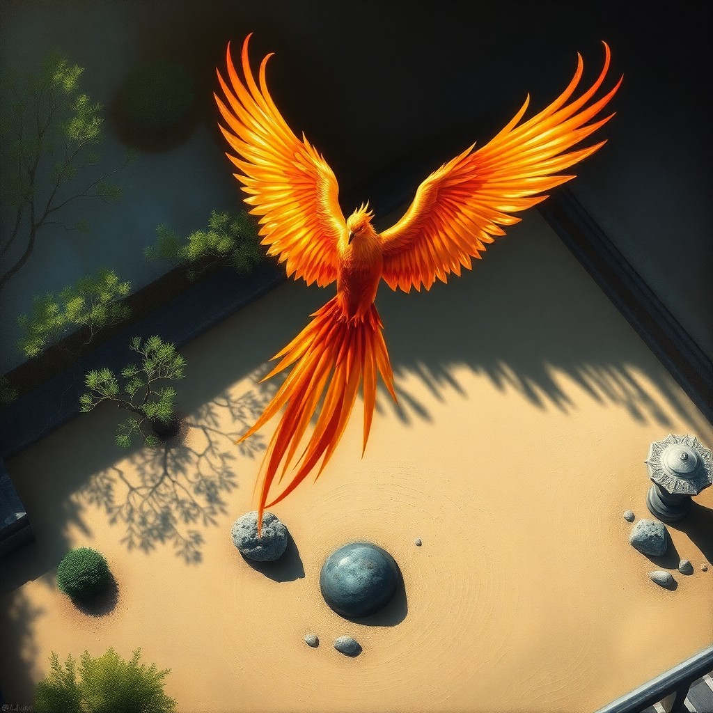 AI generated art for prompt: An oil painting captures a majestic phoenix soaring over a serene Zen garden from an aerial viewpoin